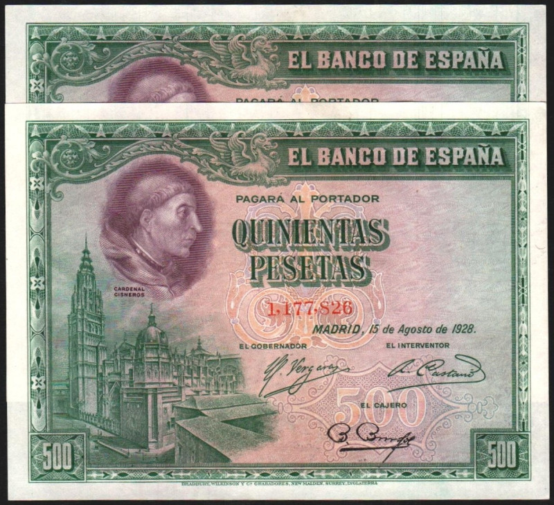 15 de agosto de 1928. 500 pesetas. Pareja correlativa. E356. Piquito descuidado....