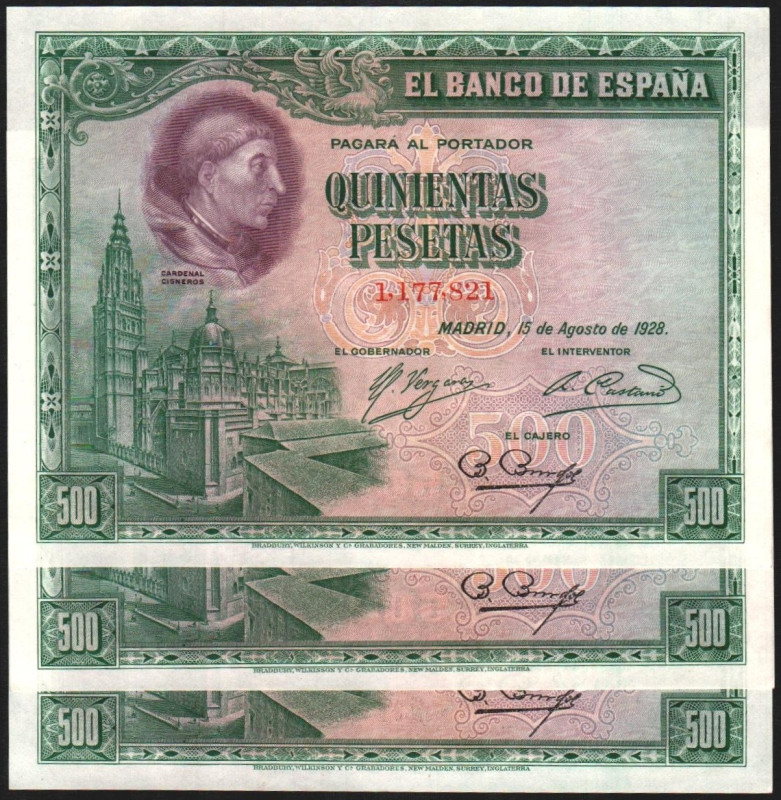 15 de agosto de 1928. 500 pesetas. Trío correlativo. E356. Piquito marcado en do...