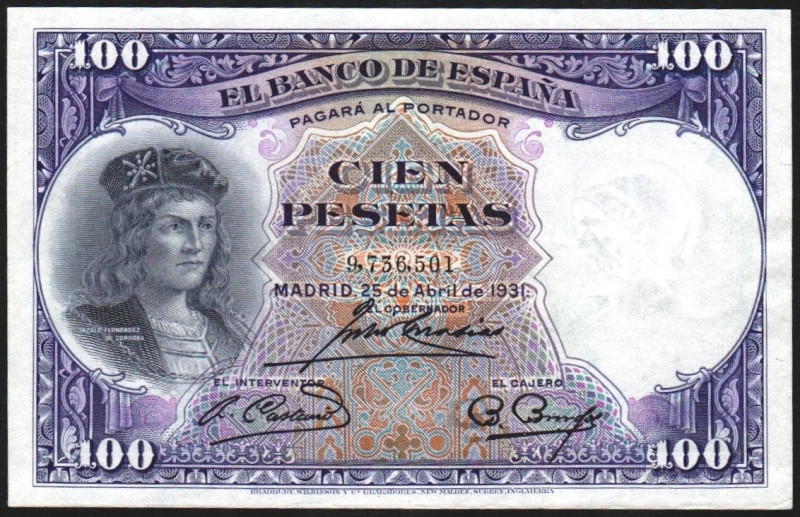 25 de abril de 1931. 100 pesetas. Error de impresión de la firma del Cajero: ape...