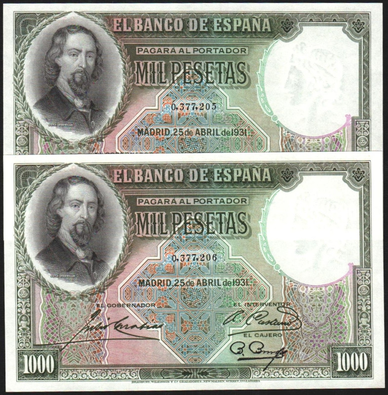 25 de abril de 1931. 1.000 pesetas. Pareja correlativa. E362. Levísima marquita ...