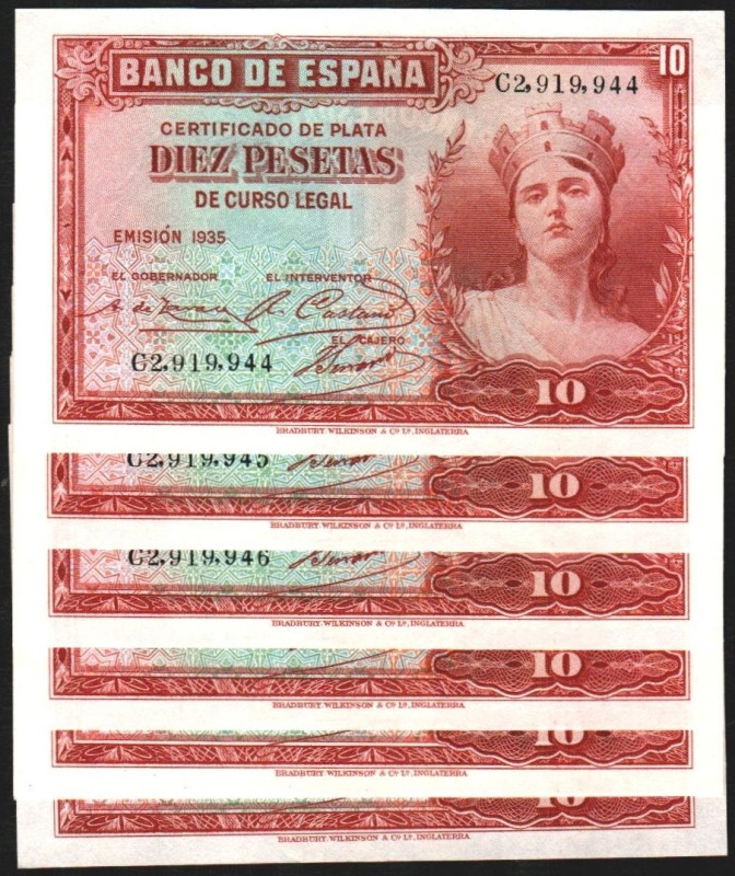 1935. 10 pesetas. Serie C. Septeto correlativo. E364a. Mejor que EBC+, casi todo...