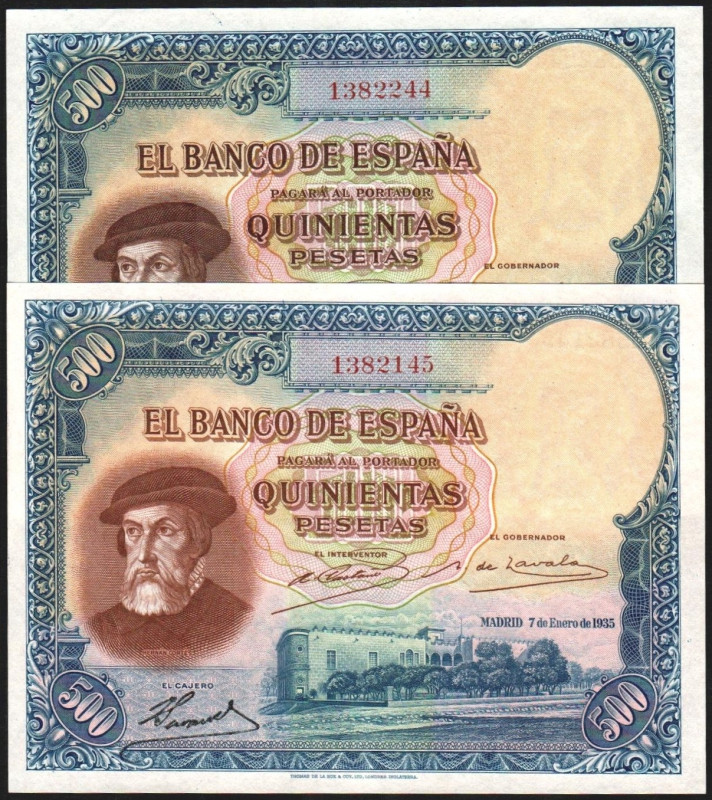 7 de enero de 1935. 500 pesetas. Pareja correlativa. E365 (SC 1.100€). SC, apres...