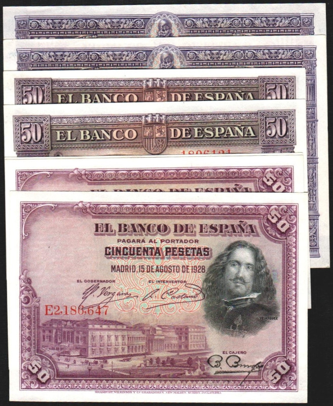 22 de julio de 1935. 50 pesetas. Sin serie. Trío correlativo. 15/8/1928. 50 ptas...