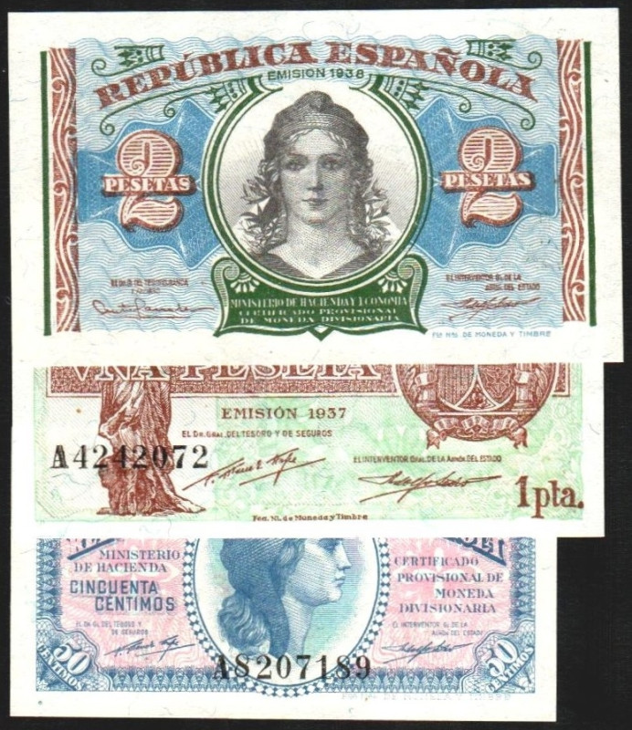 1937. 50 céntimos y 1 peseta. Serie A ambos. 1938. 2 ptas. Serie A. E391, 392 y ...