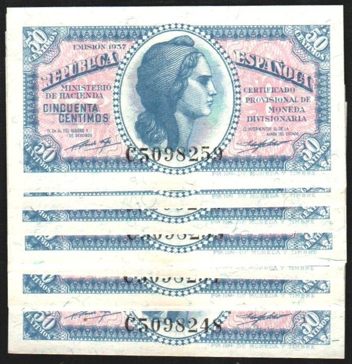 1937. 50 céntimos. Serie C. Doce correlativos. E391a (SC 30€). SC, apresto origi...