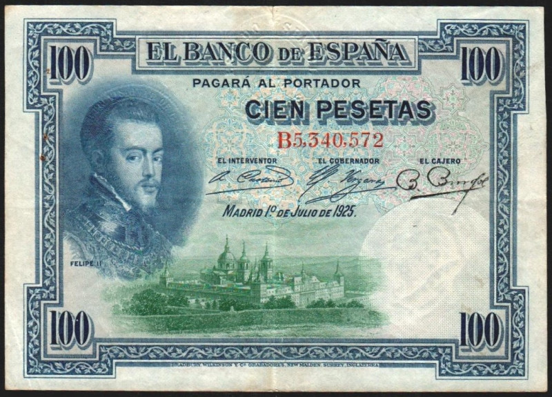 1 de julio de 1925. 100 pesetas. Serie B. Sello en seco de la II República. Sell...