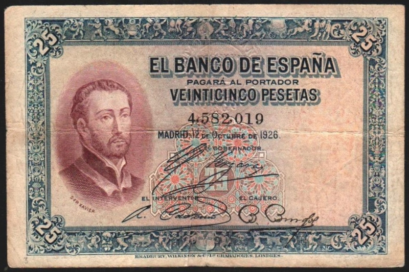 12 de octubre de 1926. 25 pesetas. Sin serie. Sello del Estado Español. E402 (EB...