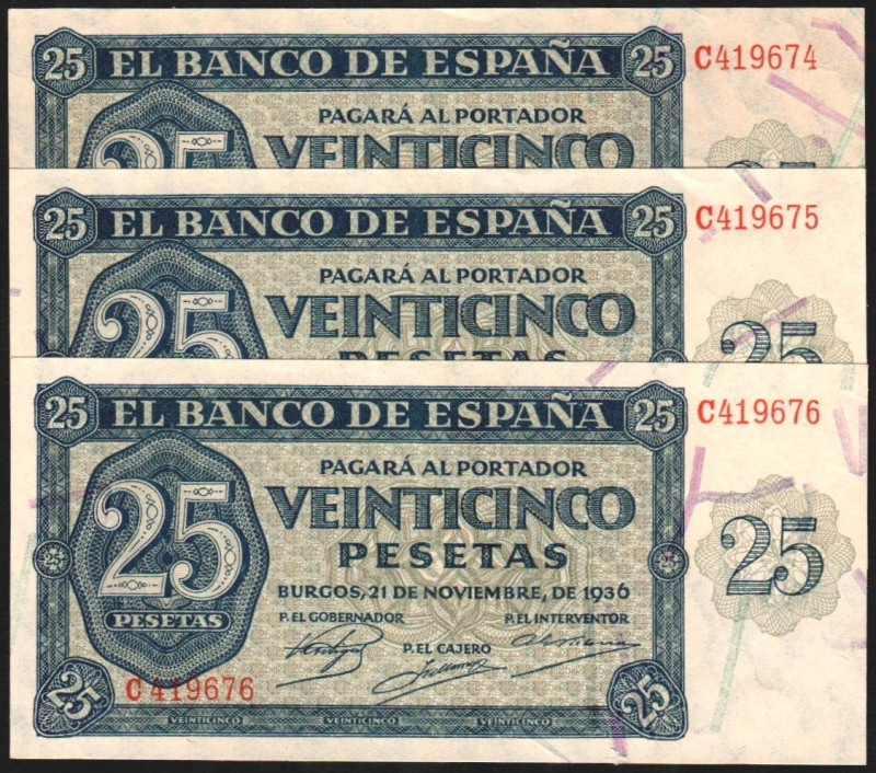 21 de noviembre de 1936. 25 pesetas. Serie C. Trío correlativo. E419a (SC 125€)....