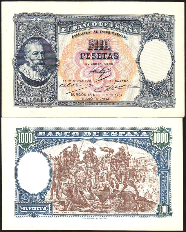 18 de julio de 1937. 1.000 pesetas. Pruebas calcográficas de anverso y reverso p...