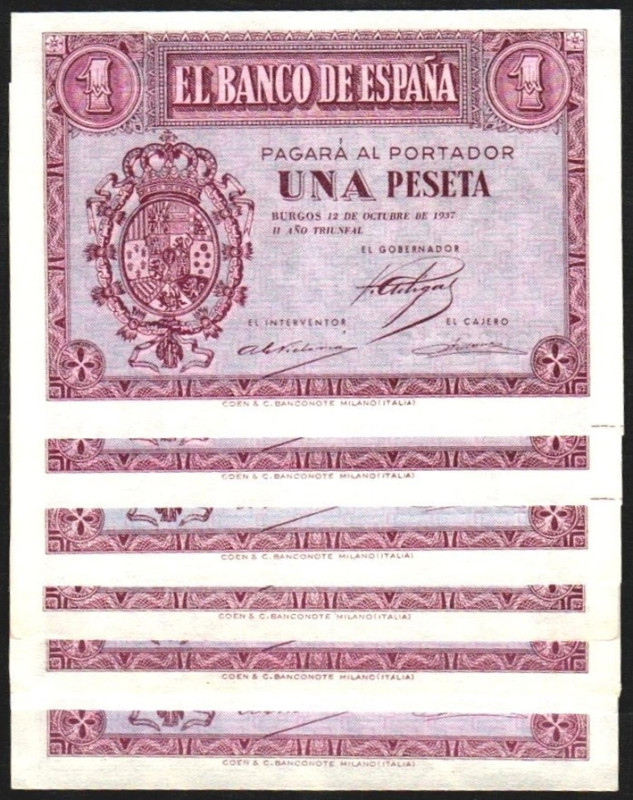 12 de octubre de 1937. 1 peseta. Series A (2), B, C, D y E. Pareja correlativa. ...