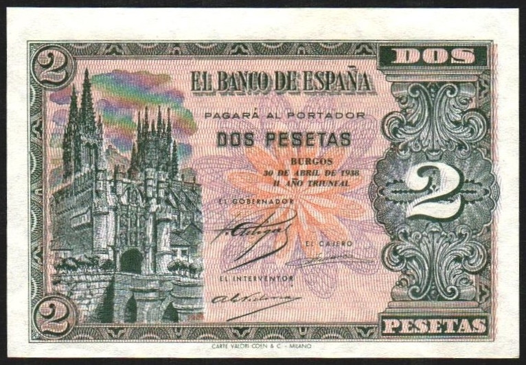 30 de abril de 1938. 2 pesetas. Serie A. E429 (SC 65€). SC, apresto original