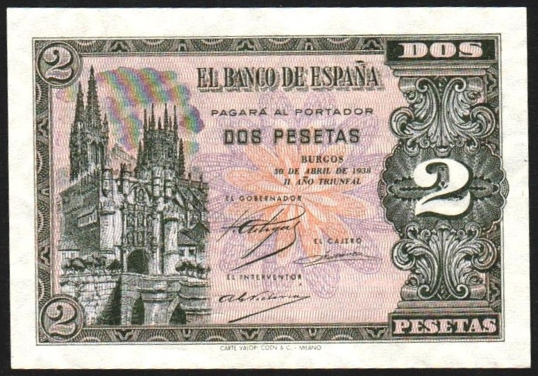 30 de abril de 1938. 2 pesetas. Serie E. E429a. SC, apresto original