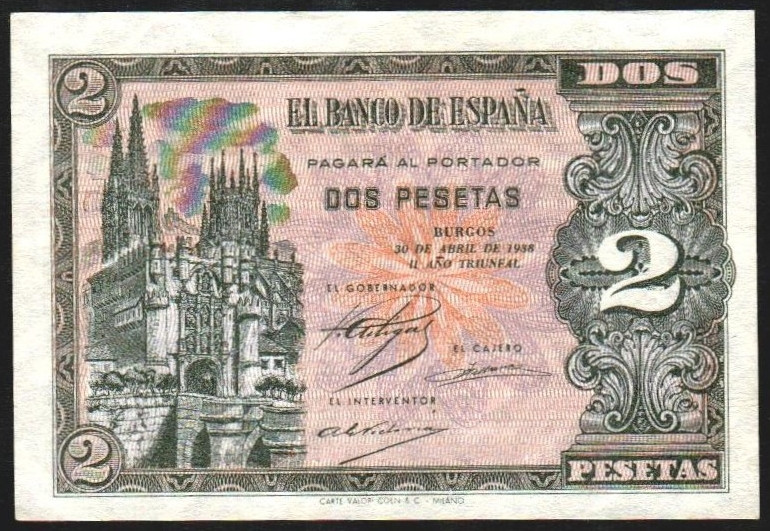 30 de abril de 1938. 2 pesetas. Serie M. E429a. Esquina doblada. Pico doblado. E...