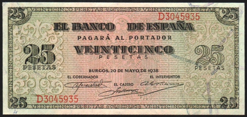 20 de mayo de 1938. 25 pesetas. Serie D. E430a (SC 300€). SC, todo su apresto or...