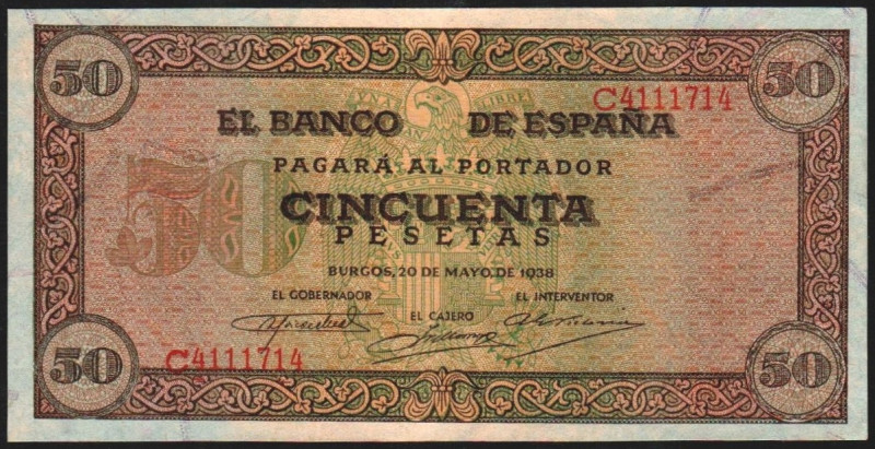 20 de mayo de 1938. 50 pesetas. Serie C. E431a (EBC 240 SC 425€). Levísimo doble...