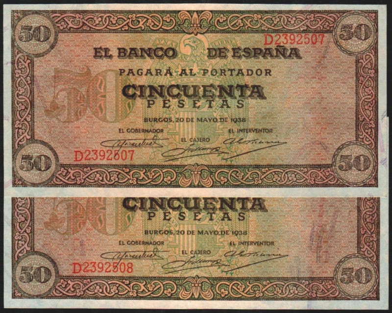 20 de mayo de 1938. 50 pesetas. Serie D. Pareja correlativa. E431a (EBC 240 SC 4...