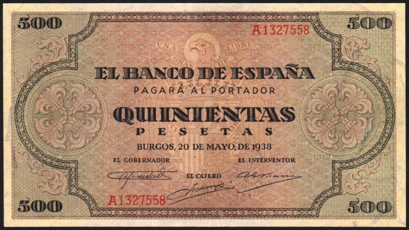 20 de mayo de 1938. 500 pesetas. Serie A. E433 (MBC 400 EBC 1.600€). Ligeramente...