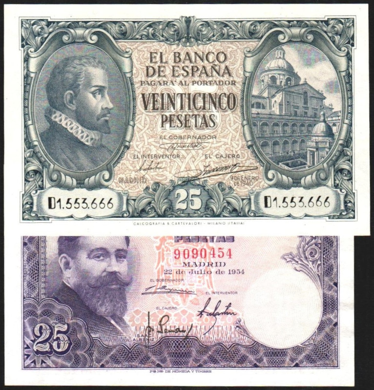 9 de enero de 1940. 25 pesetas. Serie D. 22/7/1954. 25 ptas. Sin serie. E436a y ...