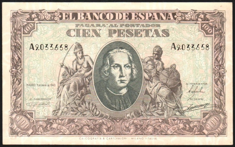 9 de enero de 1940. 100 pesetas. Serie A. FALSO antiguo. EBC+. Curioso