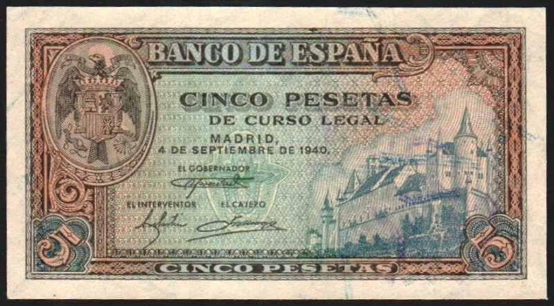 4 de septiembre de 1940. 5 pesetas. Serie F. E443a (EBC 65€). EBC