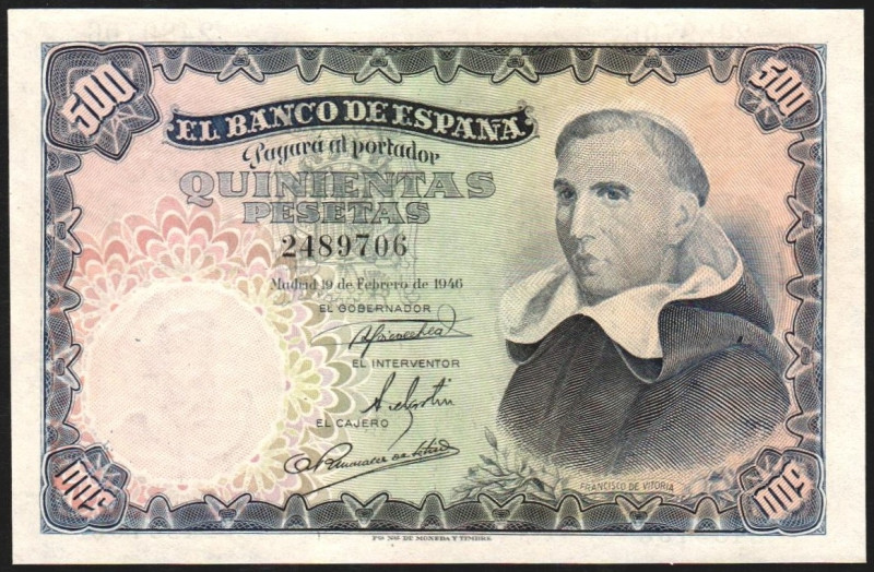 19 de febrero de 1946. 500 pesetas. Sin serie. E452 (EBC 1.200 SC 3.000€). Leve ...