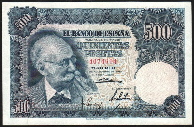 15 de noviembre de 1951. 500 pesetas. Sin serie. E460 (SC 650€). Algún descuido....