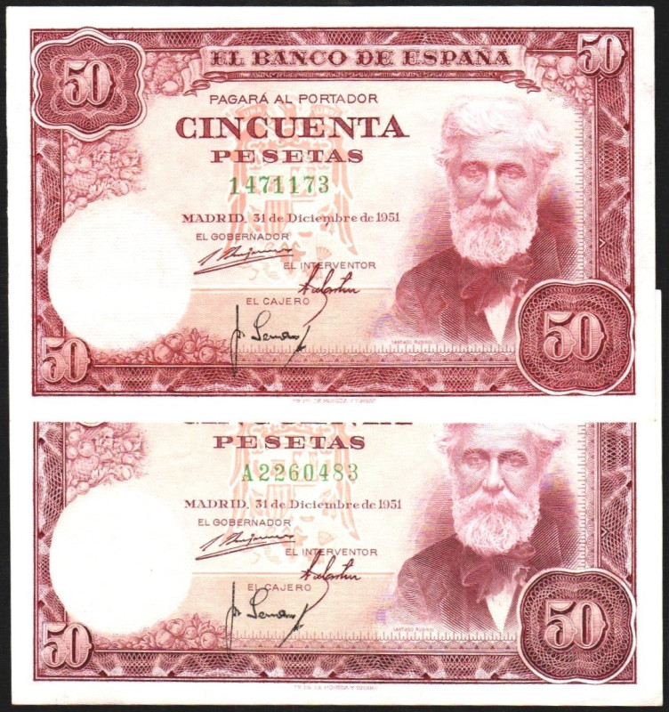 31 de diciembre de 1951. 50 pesetas. Sin serie y serie A. E462 (SC 225€) y 462a ...