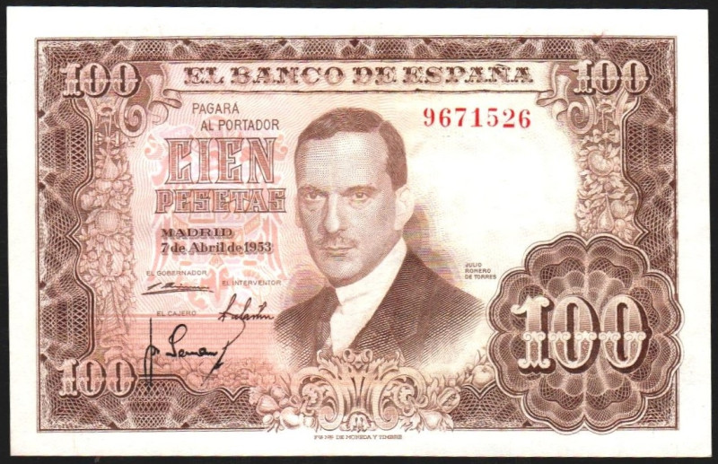 7 de abril de 1953. 100 pesetas. Sin serie. E464 (EBC 325€). Leve doblez central...