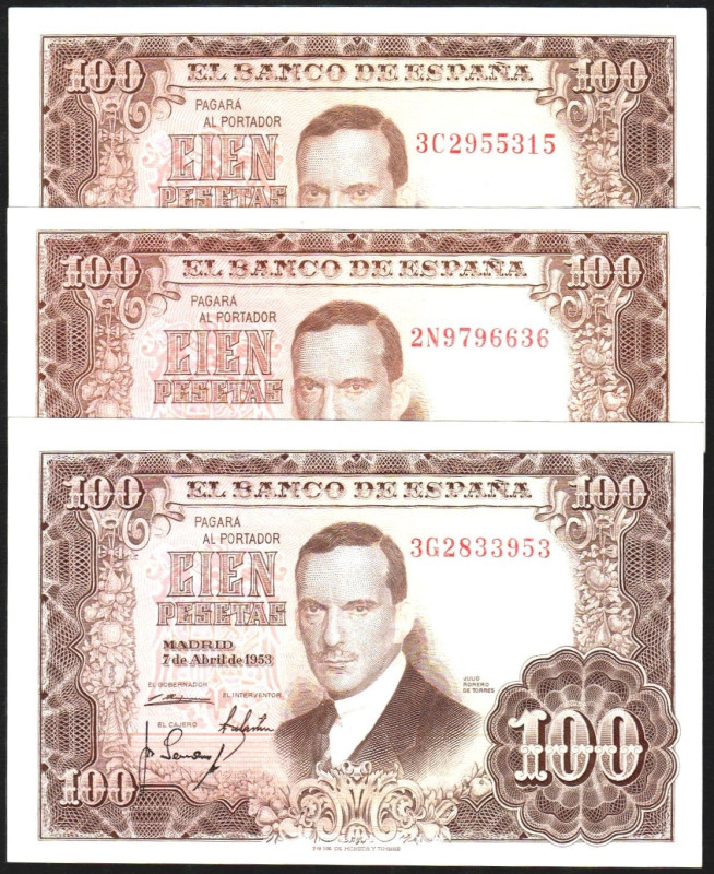 7 de abril de 1953. 100 pesetas. Serie 2N, 3C y 3G. E464c. Algo planchados los d...