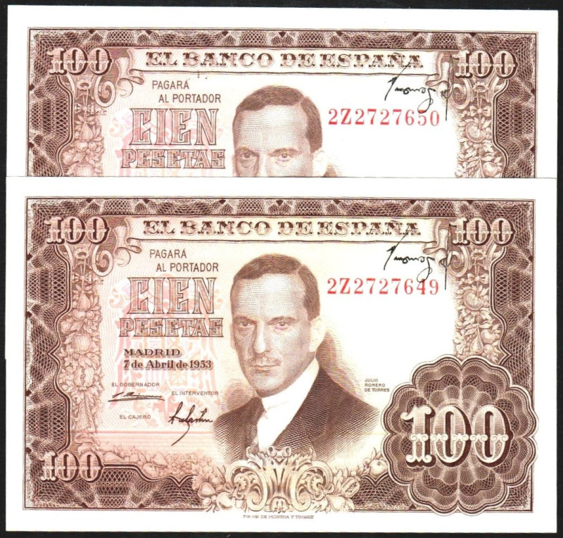 7 de abril de 1953. 100 pesetas. Serie 2Z. Error de impresión de la firma del ca...