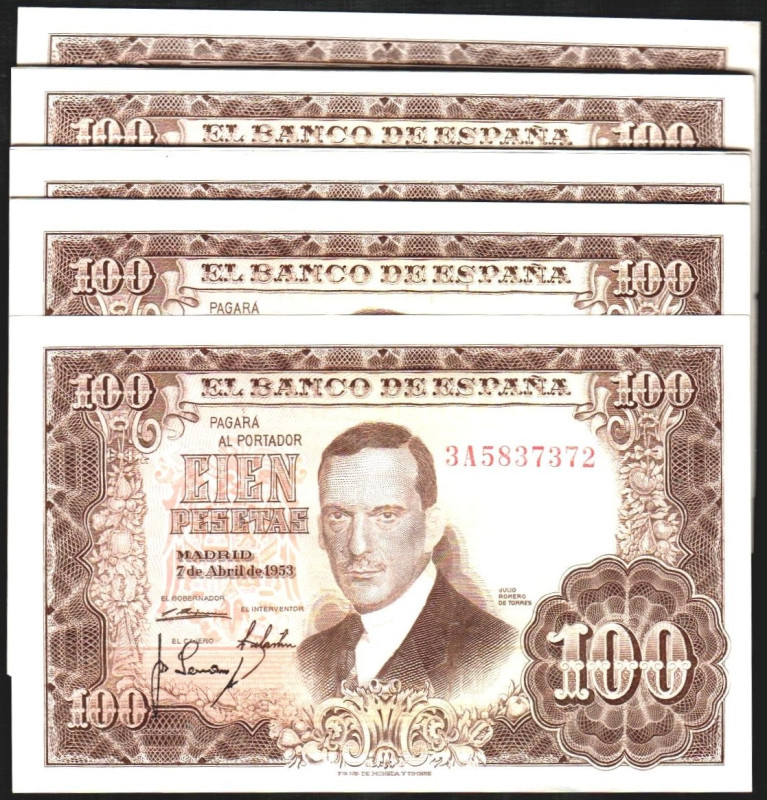 7 de abril de 1953. 100 pesetas. Serie 3A. Tres grupos de nueve correlativos. E4...