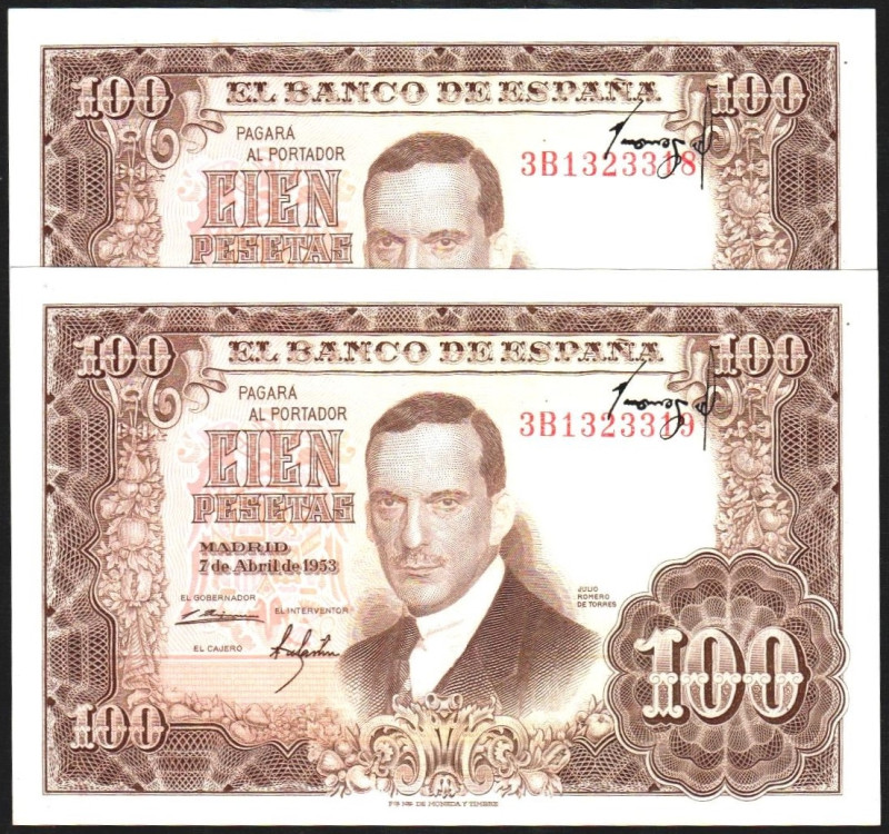 7 de abril de 1953. 100 pesetas. Serie 3B. Error de impresión de la firma del ca...