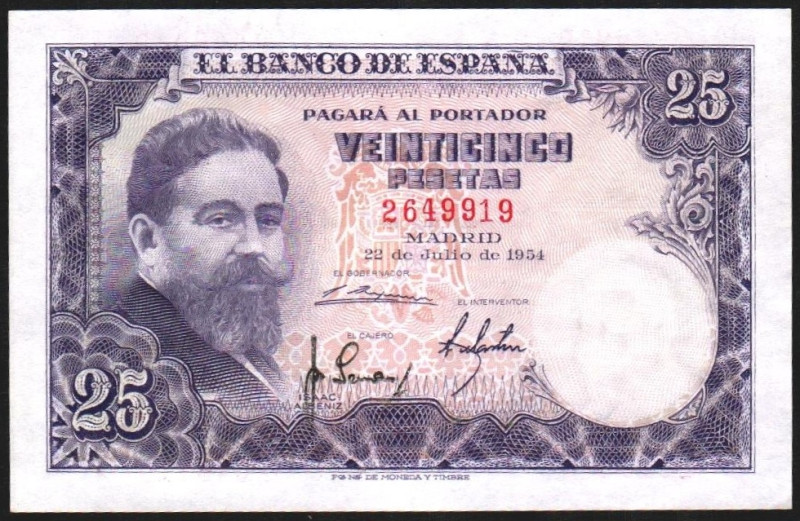 22 de julio de 1954. 25 pesetas. Sin serie. E467 (SC 225€). Leve marquita en el ...