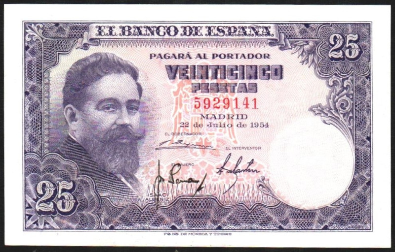 22 de julio de 1954. 25 pesetas. Sin serie. E467 (EBC 90 SC 225€). Marcas en el ...