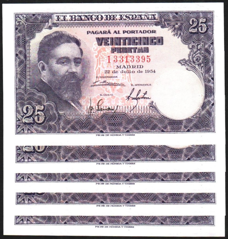 22 de julio de 1954. 25 pesetas. Serie I. Quinteto correlativo. E467a. Leve marq...