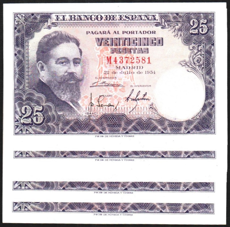 22 de julio de 1954. 25 pesetas. Serie M. Diez correlativos. E467a. SC, todo su ...