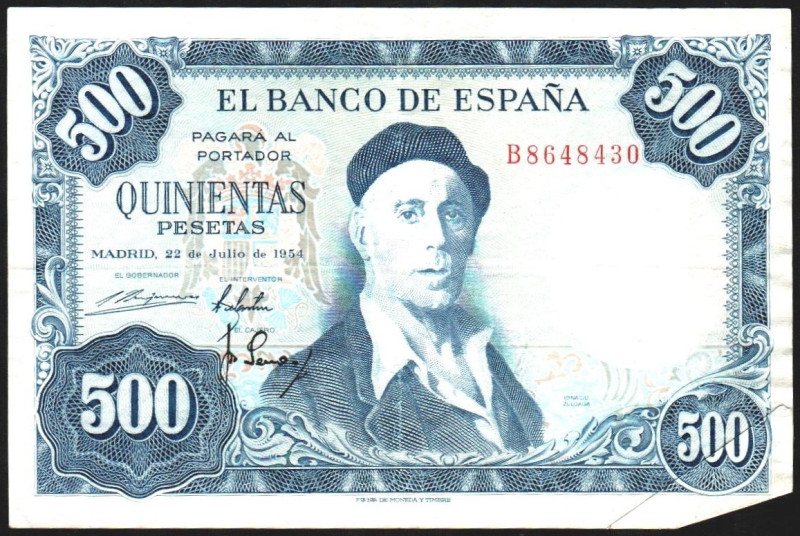 22 de julio de 1954. 500 pesetas. Serie B. Error de impresión con fuelle de pape...