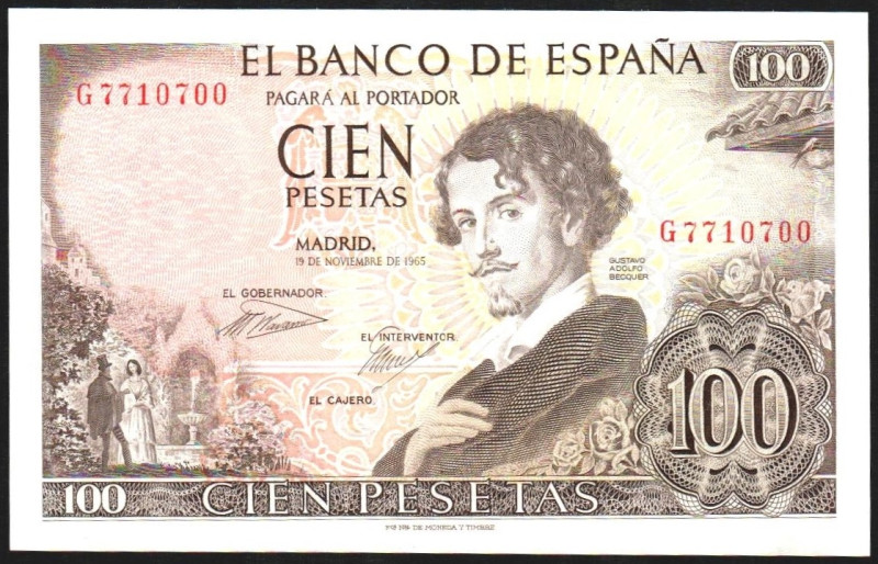 19 de noviembre de 1965. 100 pesetas. Serie G. Error de impresión sin firma del ...