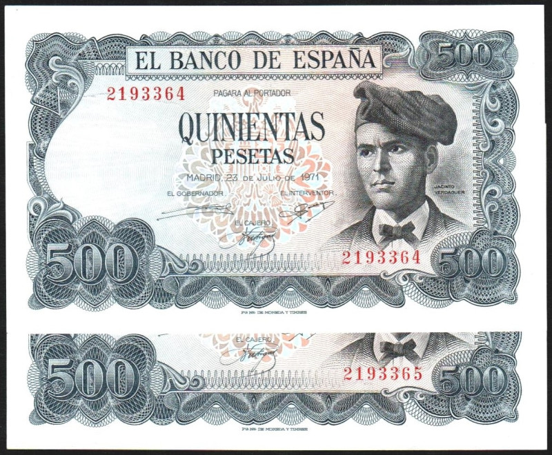 23 de julio de 1971. 500 pesetas. Sin serie. Pareja correlativa. E473 (SC 90€). ...