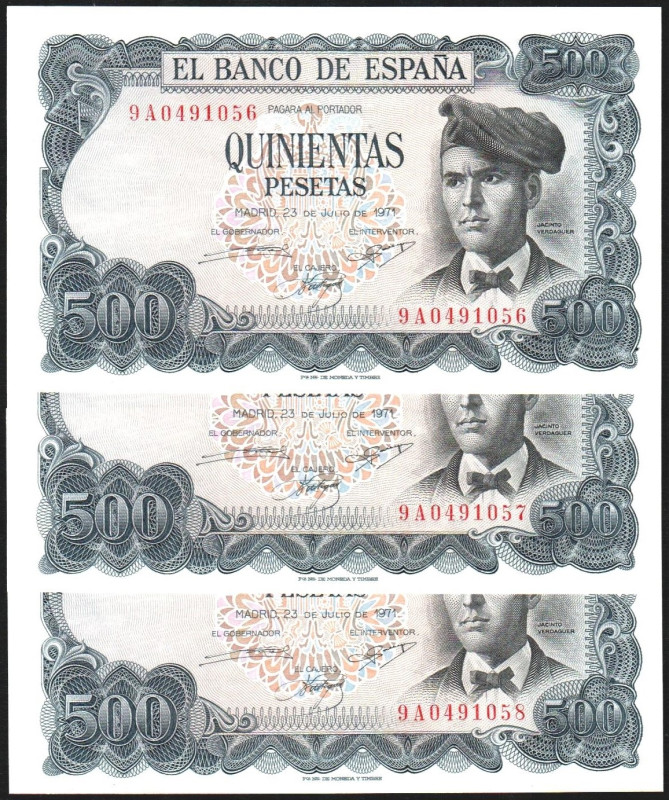 23 de julio de 1971. 500 pesetas. Serie 9A. Trío correlativo. E473b (numeración ...