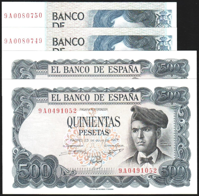 23 de julio de 1971. 500 pesetas. Serie 9A. Pareja correlativa. 23/10/1979. Seri...