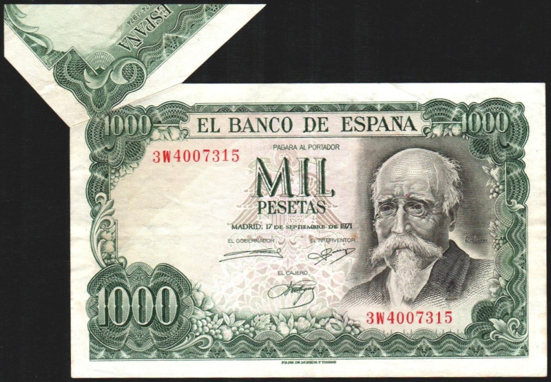 17 de septiembre de 1971. 1.000 pesetas. Serie 3W. Error de impresión con gran p...