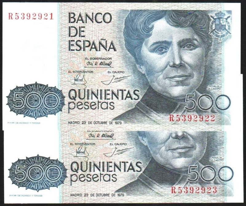 23 de octubre de 1979. 500 pesetas. Serie R. Pareja correlativa. Error de impres...