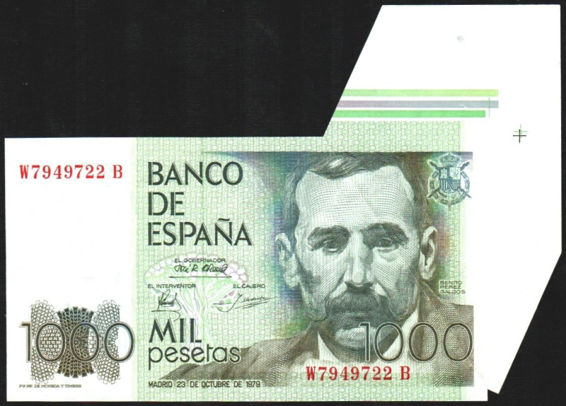 23 de octubre de 1979. 1.000 pesetas. Serie W B. Error de fábrica al no cortar e...