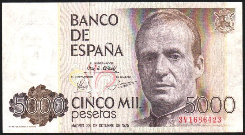 23 de octubre de 1979. 5.000 pesetas. Serie 3V. Error de impresión al faltar la ...