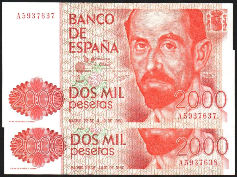 22 de julio de 1980. 2.000 pesetas. Serie A. Pareja correlativa. E479a. SC, apre...