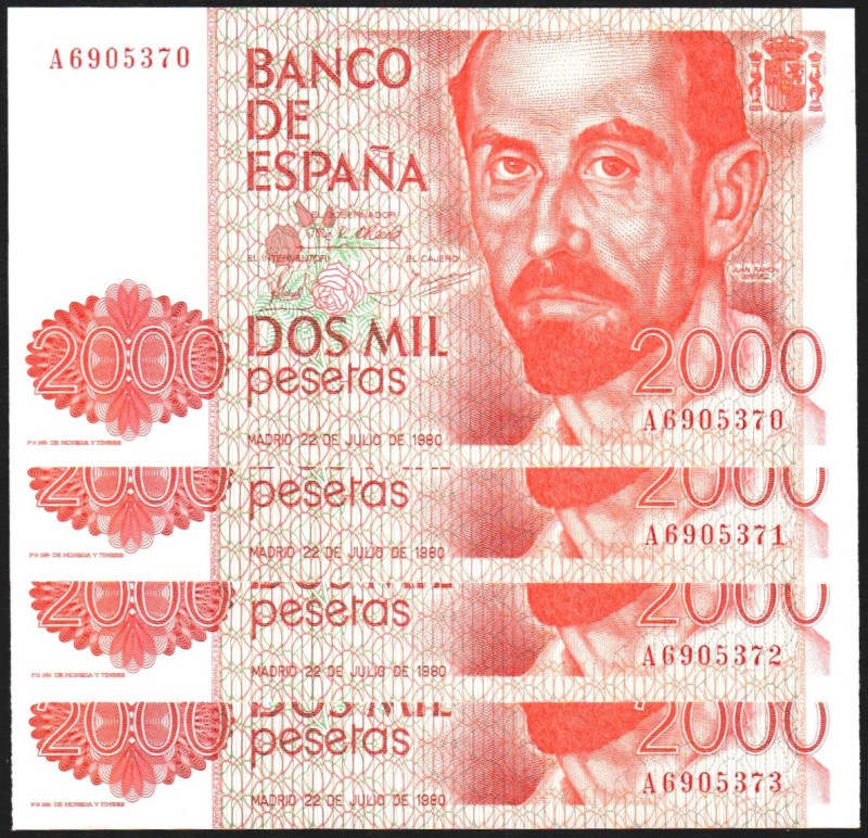 22 de julio de 1980. 2.000 pesetas. Serie A. Cuarteto correlativo. E479a. Esquin...