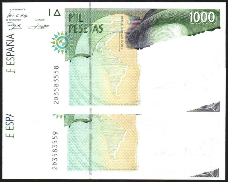 12 de octubre de 1992. 1.000 pesetas. Serie 2D. Pareja correlativa. Error de imp...