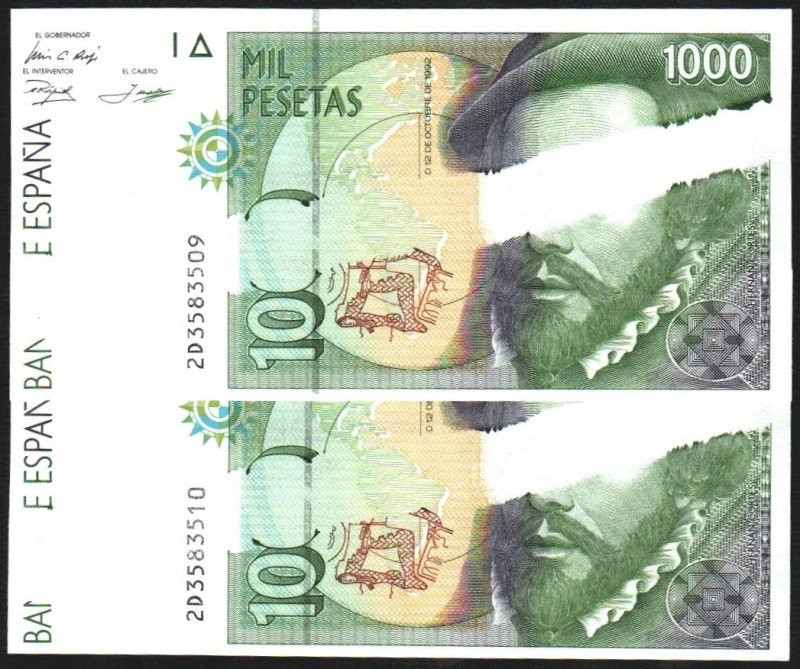 12 de octubre de 1992. 1.000 pesetas. Serie 2D. Pareja correlativa. Error de imp...