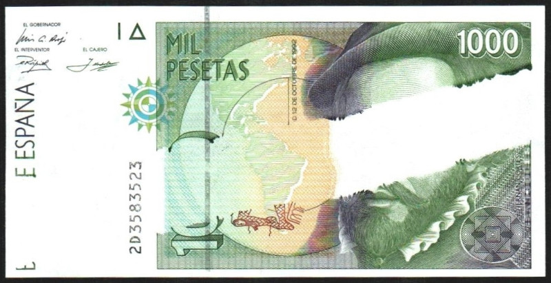 12 de octubre de 1992. 1.000 pesetas. Serie 2D. Error de impresión al más de una...